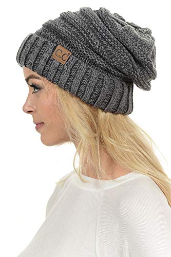 C.C Hat-100 Oversized Baggy Slouch Thick Warm Cap Hat Skully Cable Knit Beanie - color: Dk Grey/Lt Grey Mix