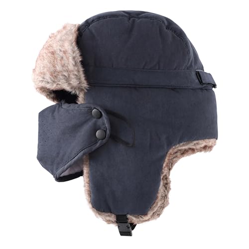 Home Prefer Mens Warm Faux Fur Trooper Trapper Hat Outdoor Reflective Winter Hunting Hat with Ear Flaps Face Mask - color: Navy Blue