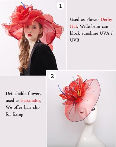 Z&X Women Organza Church Derby Hat Wide Brim Sun Hats for Wedding Tea Party Fascinator Hat, Dual-use - color: 1901- Red