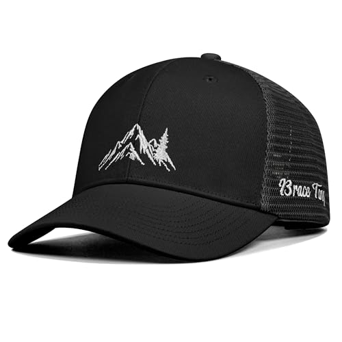 Mountain & Tree Outdoor Trucker Hat for Men Women, Embroidery Gift Baseball Cap for Hiking & Camping - color: 01.black-black, size: X-Large