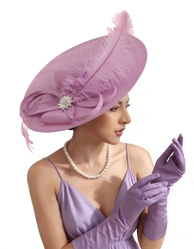 Unpifolov Fascinators Hats Elegant Women Flower Mesh Feathers Wedding Cocktail Bride Headband for Derby Hat Tea Party - color: Purple
