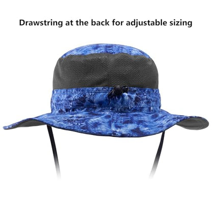 BASSDASH UPF 50+ Fishing Sun Hat Water Resistant Unisex Wide Brim Bucket Boonie Hat for Hiking Camping Safari FH15 - color: Blue Camo, size: Large