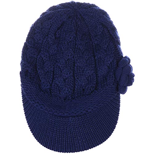 BYOS Womens Winter Chic Cable Warm Fleece Lined Crochet Knit Hat W/Visor Newsboy Cabbie Cap - color: Cable W/ Flower Navy