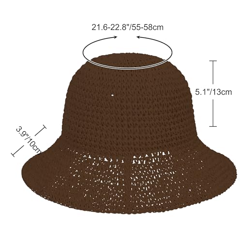 Womens Sun Hat Handmade Crochet Straw Bucket for Summer Foldable Travel Cap - color: Coffee