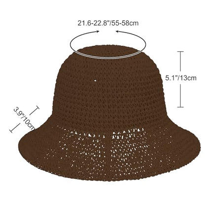 Womens Sun Hat Handmade Crochet Straw Bucket for Summer Foldable Travel Cap - color: Coffee