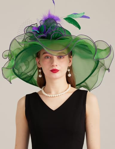 Women Derby Church Hat Organza Flower Wedding Tea Party Fascinator Wide Brim Sun Hat - color: 11-dark Green