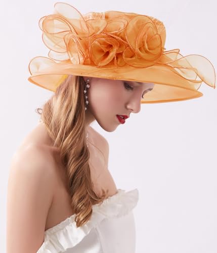 ORIDOOR Women’s Organza Church Tea Party Wedding Fascinator Derby Hat Wide Brim Sun Hats - color: D8-fragrant Orange