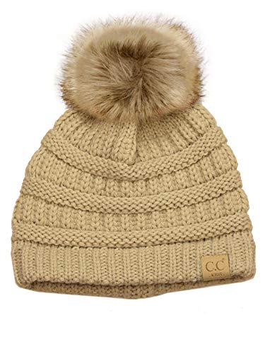 C.C Children's Kids' Soft Stretch Cable Knit Faux Fur Pom Beanie Hat - color: Beige