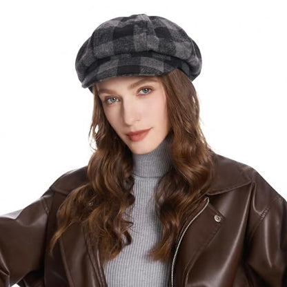 ZLYC Women Classic Newsboy Cap Visor 8 Panel Gatsby Cabbie Paperboy Hat - color: Plaid Black Gray