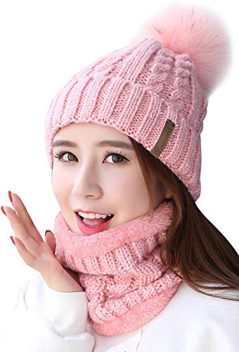 IYEBRAO Womens Winter Knit Beanie Hat and Scarf Set Girls Cute Slouchy Thick Fleece Lined Ski Hat Warm Skull Cap with Pom - color: A8-pink