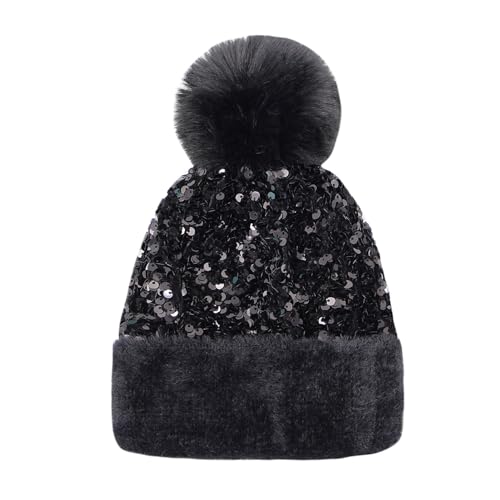 Women Girls Winter Sequin Beanie Hat with Faux Fur Pom Pom Knit Skull Cap - color: Black
