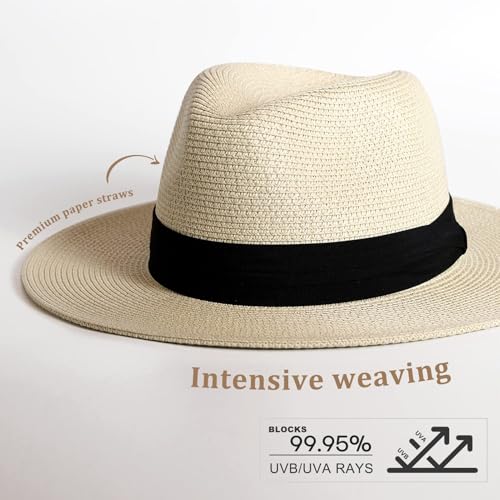 FURTALK Womens Mens Wide Brim Straw Panama Hat Fedora Summer Beach Sun Hat - color: Ab-beige, size: Large-X-Large