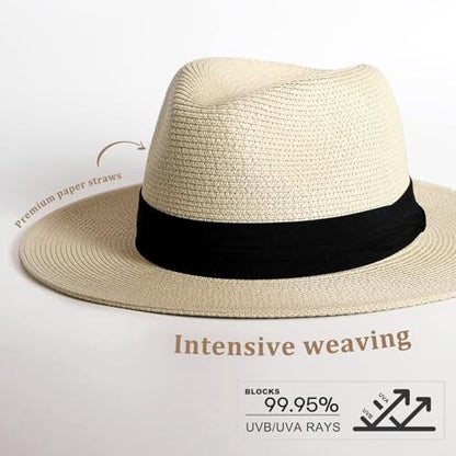 FURTALK Womens Mens Wide Brim Straw Panama Hat Fedora Summer Beach Sun Hat - color: Ab-beige, size: Large-X-Large