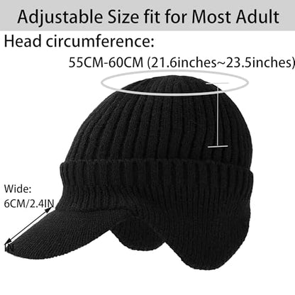 Men Warm Baseball Beanie Hat with Earflap Winter Visor Brim Knitted Caps Thicken Plush Lined Skull Ski Hat