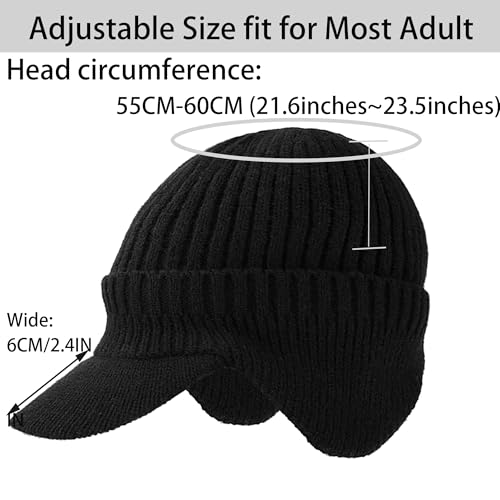 Men Warm Baseball Beanie Hat with Earflap Winter Visor Brim Knitted Caps Thicken Plush Lined Skull Ski Hat