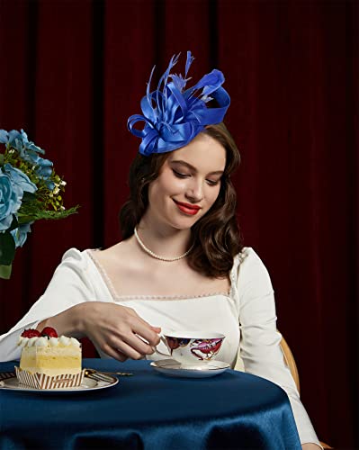 Kentucky Derby Fascinators for Women High Tea Party Hat Wedding Cocktail Flower Headware with Mesh and Feathers - color: Y-blue