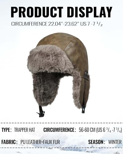 Croogo Eskimo Hat Russian Ushanka Trooper Hat Leather Trapper Aviator Hats Fur Lined Earflap Winter Cap Snow Ski Hats - color: Pl2508-olivebrown