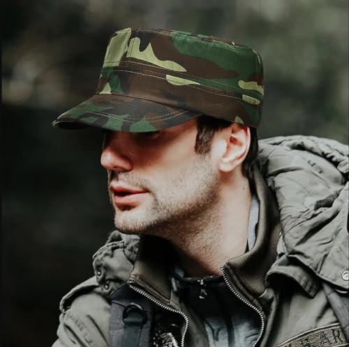 2 Pack Cadet Army Caps Flat Top Military Hats for Men Women - color: Green Camouflage