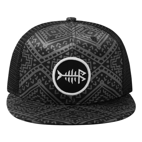 BASSDASH Flat Brim Trucker Cap Adjustable Snapback Hat Mesh Back for Men Women - color: Black Geometry