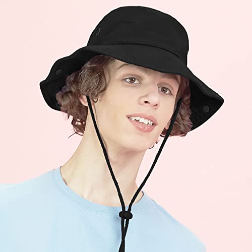 The Hat Depot Cotton Stone-Washed Safari Wide Brim Foldable Double-Sided Sun Boonie Bucket Hat - color: 2. Cotton - Black, size: Small-Medium