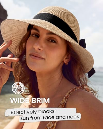FURTALK Womens Beach Sun Straw Hat Wide Brim UV Protection Travel Hat - color: Mixed Beige, size: Medium-Large