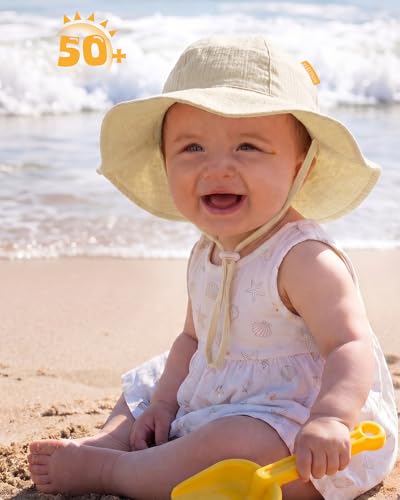 HONGTEYA Baby Sun Hat Muslin Wide Brim Toddler Girl Beach Bucket Hat - color: White/Beige, size: 2-5T