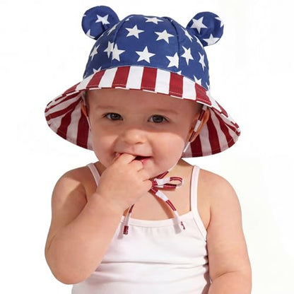 Zando Wide Brim Baby Sun Bucket Hat 0-4T UPF 50+ - Sun Protection Toddler Beach Hats with Bear Ears Infant Hat Adjustable - color: American Flag Hat, size: 0-6 Months
