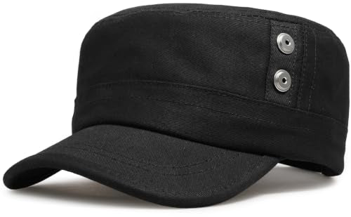 Cadet Army Cap Unisex Military Hat Adjustable Flat Top Cap Baseball Cap - color: Round Button Black