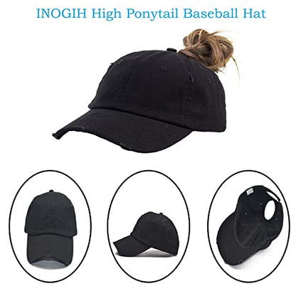 Women Distressed Ponytail Baseball-Hat Cotton Adjustable Baseball-Cap - color: Black