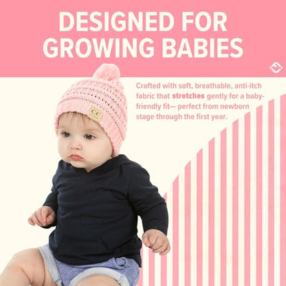Funky Junque Baby Pom Pom Beanie – Soft Knit Infant Winter Hat for Baby Girls & Boys, Cozy Warm Newborn Beanie 0–12 Months - color: Pale Pink