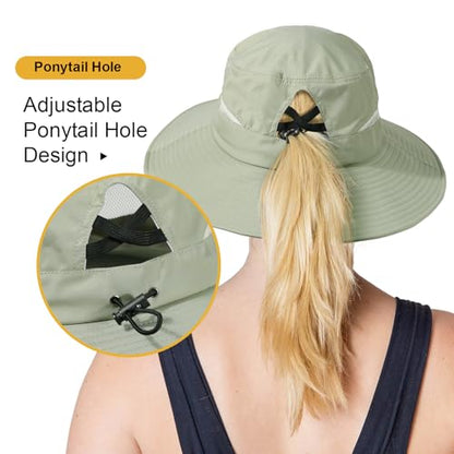 Bucket Sun Hat for Women Wide Brim Breathable Mesh UPF50+ Safari Hat Criss Cross Ponytail Hole Outdoor Rain Hat - color: Pea Green