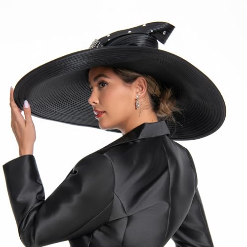 Women's Dramatic Giant Wide Brim Rhinestone Church Hat Statement Turban Fascinator for Wedding Chapel Baptist Sunday - color: 16-black