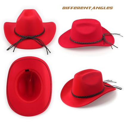 DRESHOW Western Cowboy Hat for Men Women Cowboy Cowgirl Hat Outdoor Wide Brim Retro Felt Fedora Hats Unisex Rolled up Caps - color: 1 Pack Style 8: Red