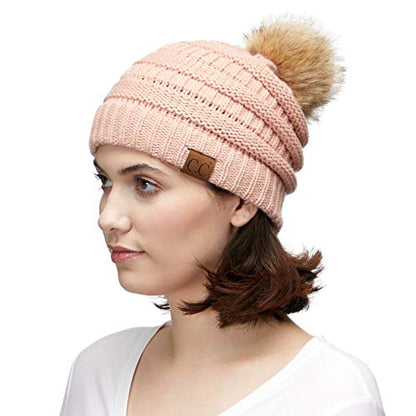 C.C Fur Pom Winter Fall Trendy Chunky Stretchy Cable Knit Beanie Hat - color: Solid Indi Pink