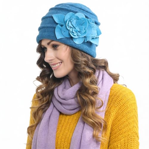 Vintage Women Floral Wool Dress Cloche Winter Hat 1920s - color: C022-d-peacock