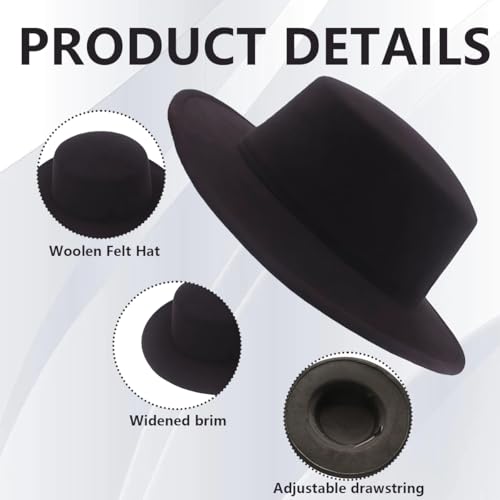 erioctry Fashion Classic Black Wool Blend Fedora Hat Wide Brim Flat Church Derby Cap Pork Pie Jazz Hat for Men Women Wedding Party Talent Show Performance