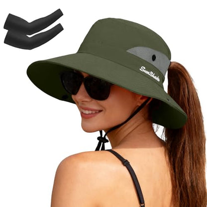 ZOORON Women's Ponytail Safari Sun Hat,Wide Brim UV Protection Bucket Hat - color: 1-puregreen/Arm Sleeves