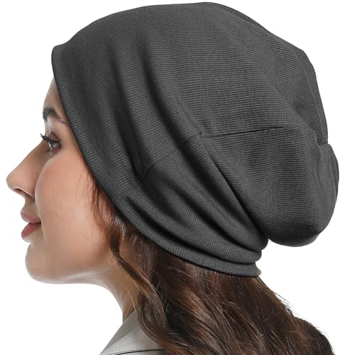 Slouchy Beanie for Women Men Thin Knit Winter Hat 93% Cotton Beanies - color: Black