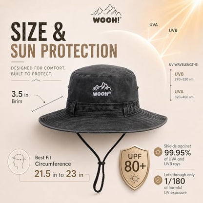 WOOH Sun Hats for Women,UPF80+ Wide Brim Summer Bucket Hat with Adjustable Drawstring,Packable Outdoor Hat for Beach Hiking - color: Black
