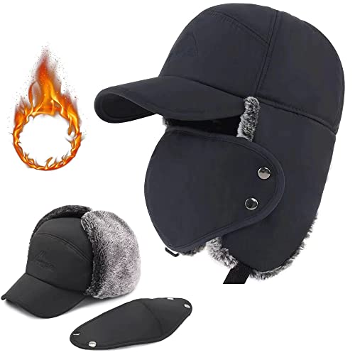 Winter Hats for Women and Men,Trapper Hat for Men Women with Ear Flaps for Cold Weather, Windproof Warm Hunting Skiing Cycling Fishing Baseball Cap（Black）
