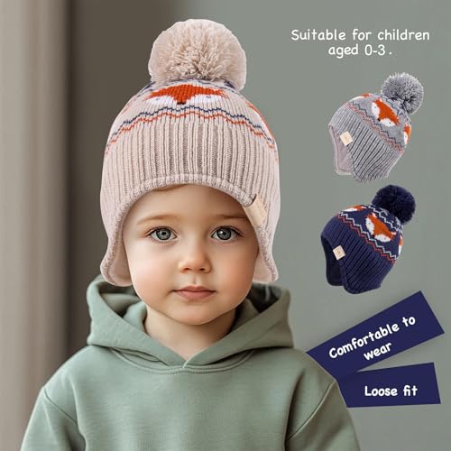 Beanie Knit Hats for Toddlers with Earflap Fleece Lined Hat Kids Warm Winter Hat Scarf Set Children's Thick Ski Cap - color: Fox-navy+scarf