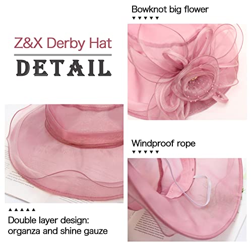 Z&X Organza Church Fascinator Wedding Tea Party Derby Hats for Women Flower Wide Brim Sun Hats - color: 022 Wine Red