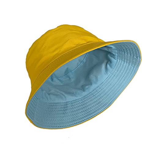 PFFY Reversible Bucket Hat for Women Men Cotton Sun Beach Fishing Cap - color: Sky/Yellow (Reversible)