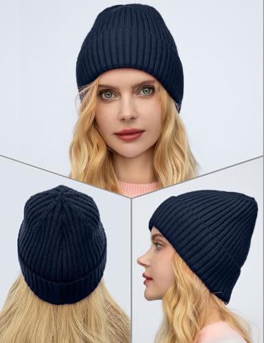 Satin Lined Wool Acrylic Blend Beanie Hat Women Men, Winter Knit Cap - color: Navy Blue