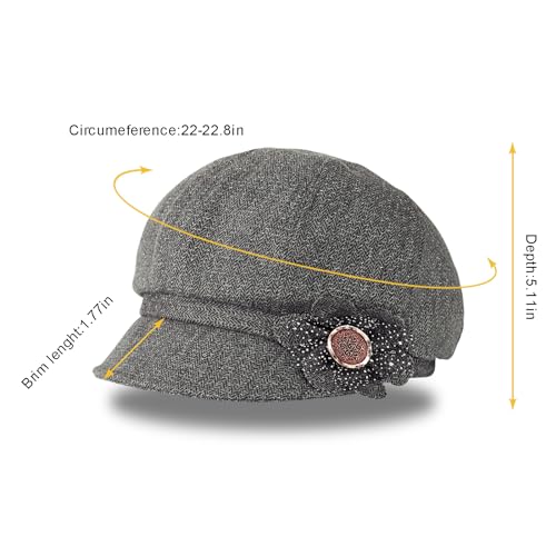 Women Retro Classic Visor Newsboy Cabbie Cap Beret Hats with Flower Buckle for Woman Ladies - color: 1grey