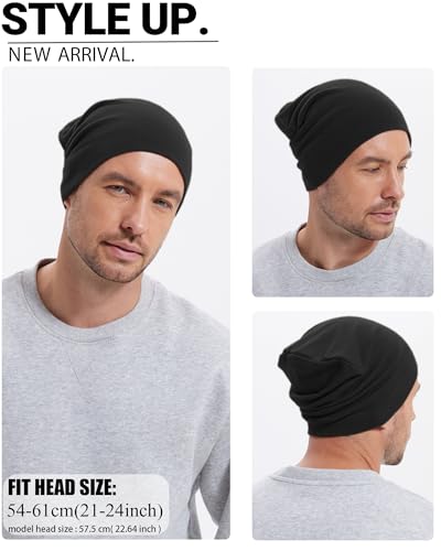 Thin 100% Cotton Fine-Knit Beanie Hat Slouchy Soft Chemo Skull Cap - color: 1-black