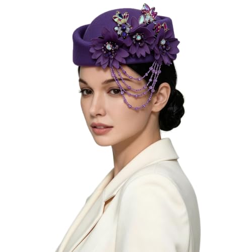 Women's Retro British Felt Headscarf Hat Church Derby Headdress with Floral Women's Soft Beret - color: 02 Deep Eggplant Purple