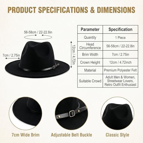Fedora Hat with Belt Buckle Unisex Classic Felt Wide Brim Panama Hats Adjustable Church Jazz Cap for Women Men - color: Black