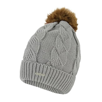 Spyder Women's Cable Knit Pom Pom Beanie with Ribbed Cuff - color: Pewter Heather