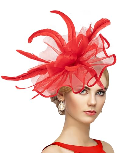 dressfan Womens Fascinator Hat Headpiece Vintage 20s 50s Accessories Headband for Derby/Wedding/Cocktail/Wedding/Tea Party - color: Red